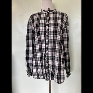 Ann Taylor LOFT Black White Plaid Long Sleeve Blouse Top Shirt XL 20-0163